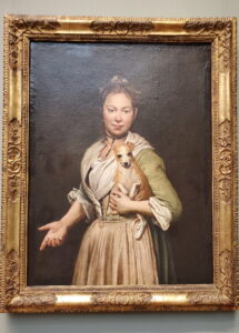 Painting of Renaissance peasant woman holding a dog and shrugging as if to say WTF