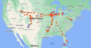 Map of the US with red dots marking destinations visited in 2022